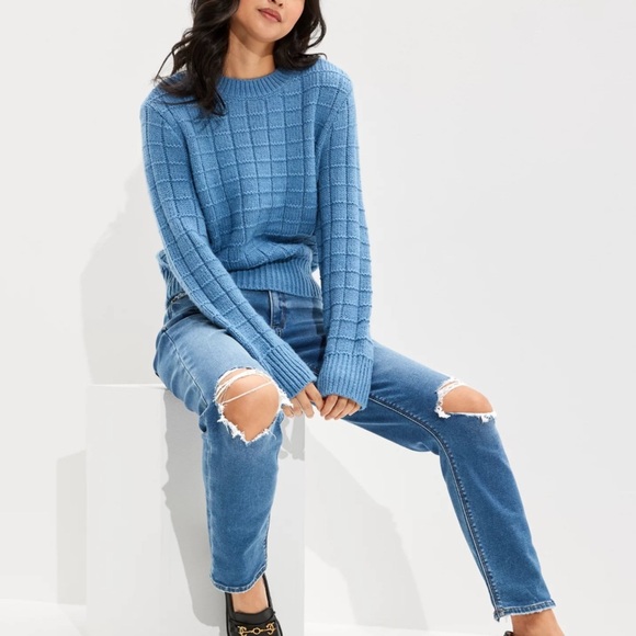 American Eagle Waffle Knit Crew Neck Sweater Blue Sz Lg - Picture 13 of 13